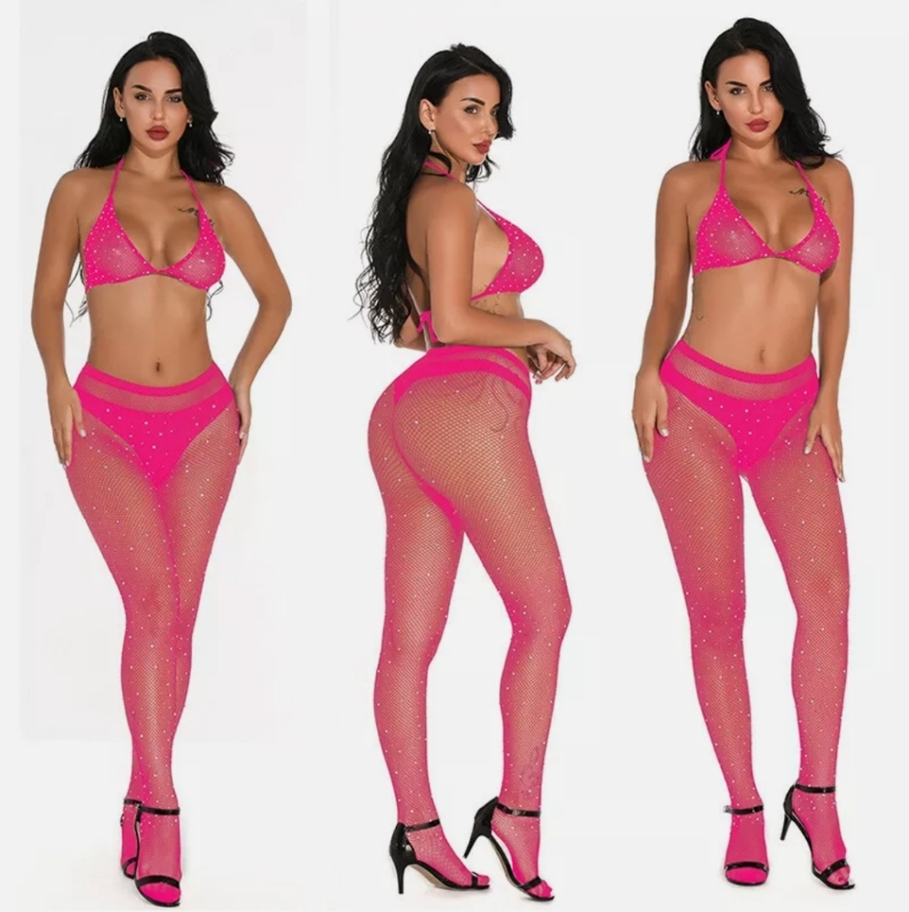 Rhinestone Fishnet Stockings and Bra Set